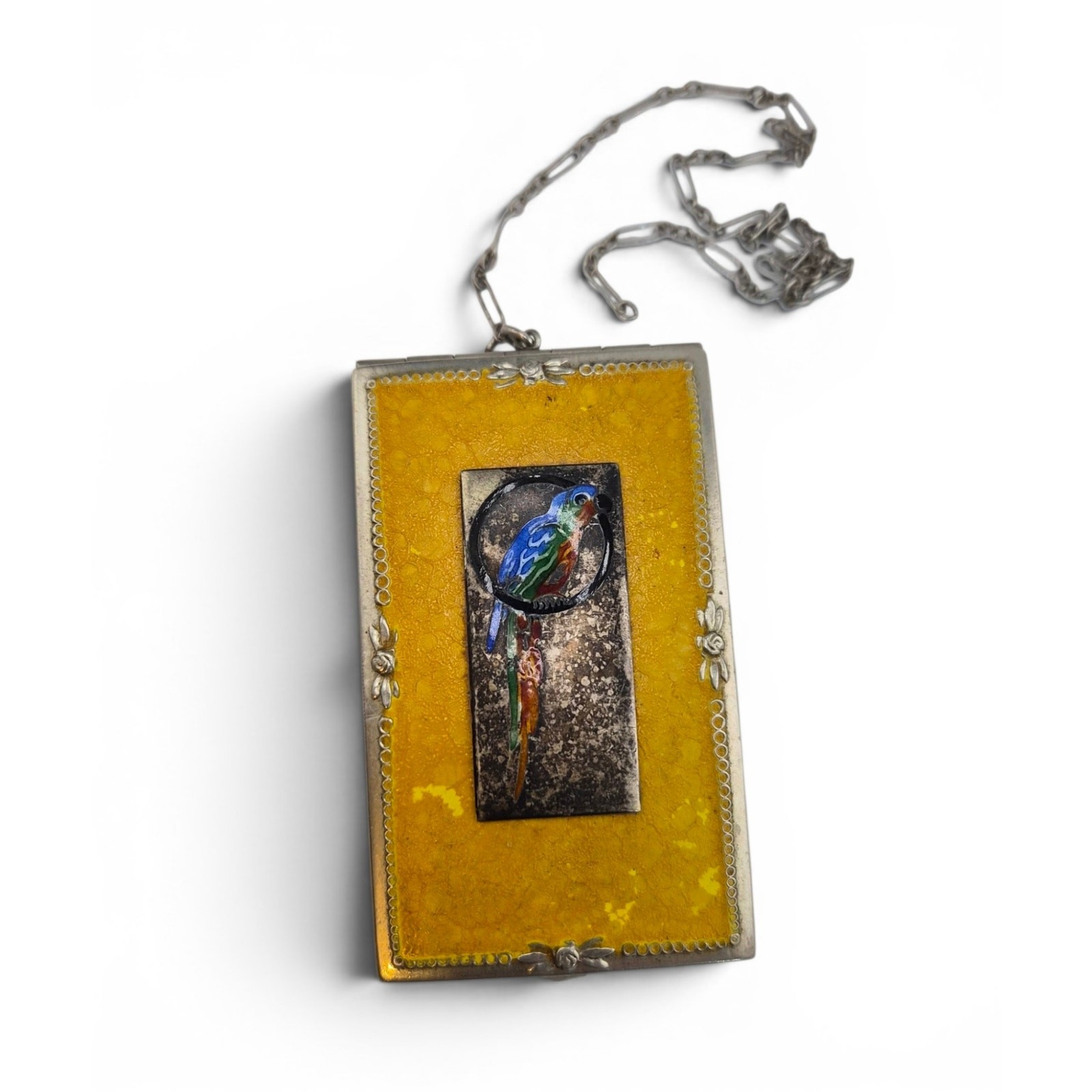 Antique 1920s Art Deco Dance Purse Compact Sterling Enamel Bird Fillkwik Puff