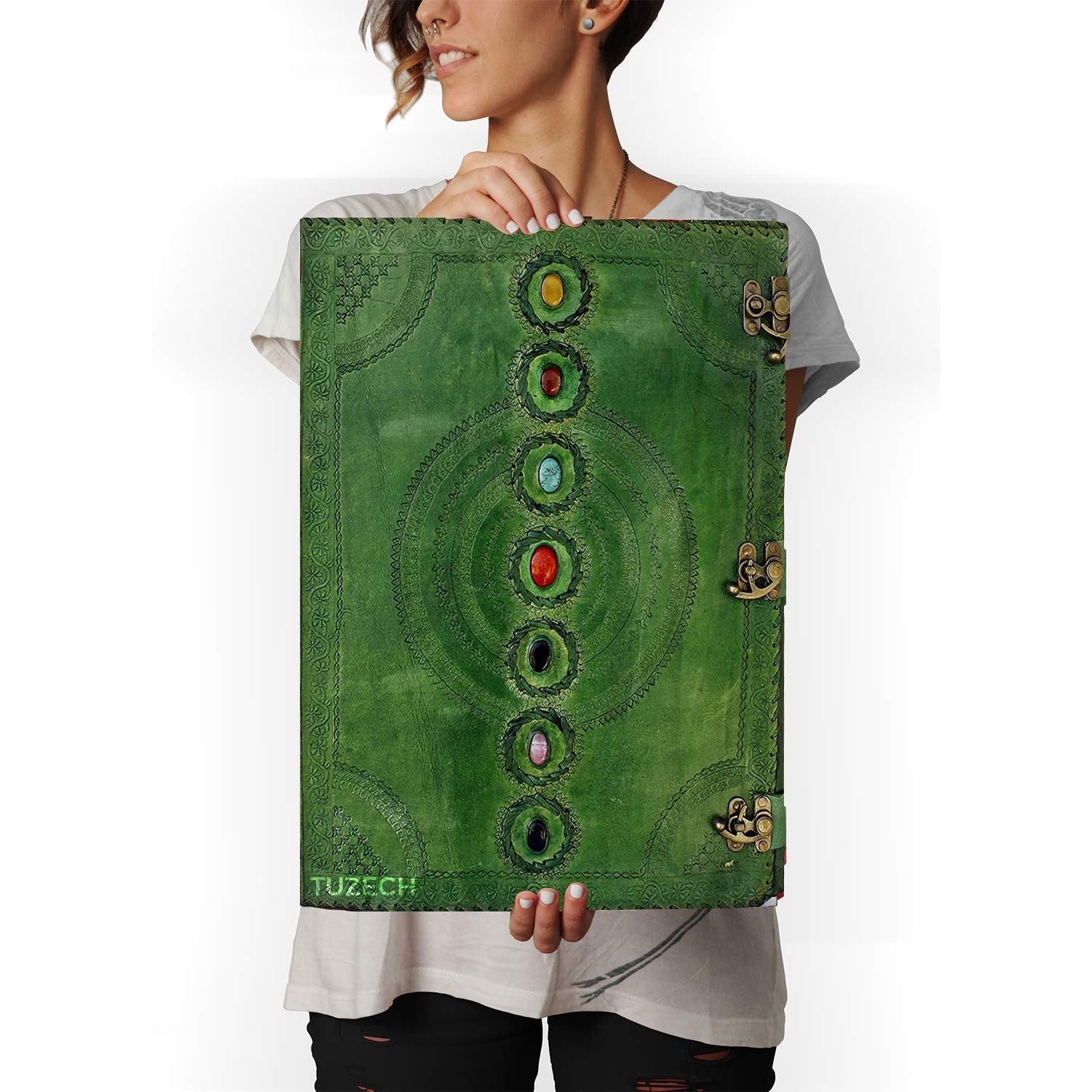 TUZECH Seven Chakra Handmade Leather Journal, Book of Shadows, Green 18 TUZECH Seven Chakra Handmade Leather Journal, Book of Shadows, Green 18