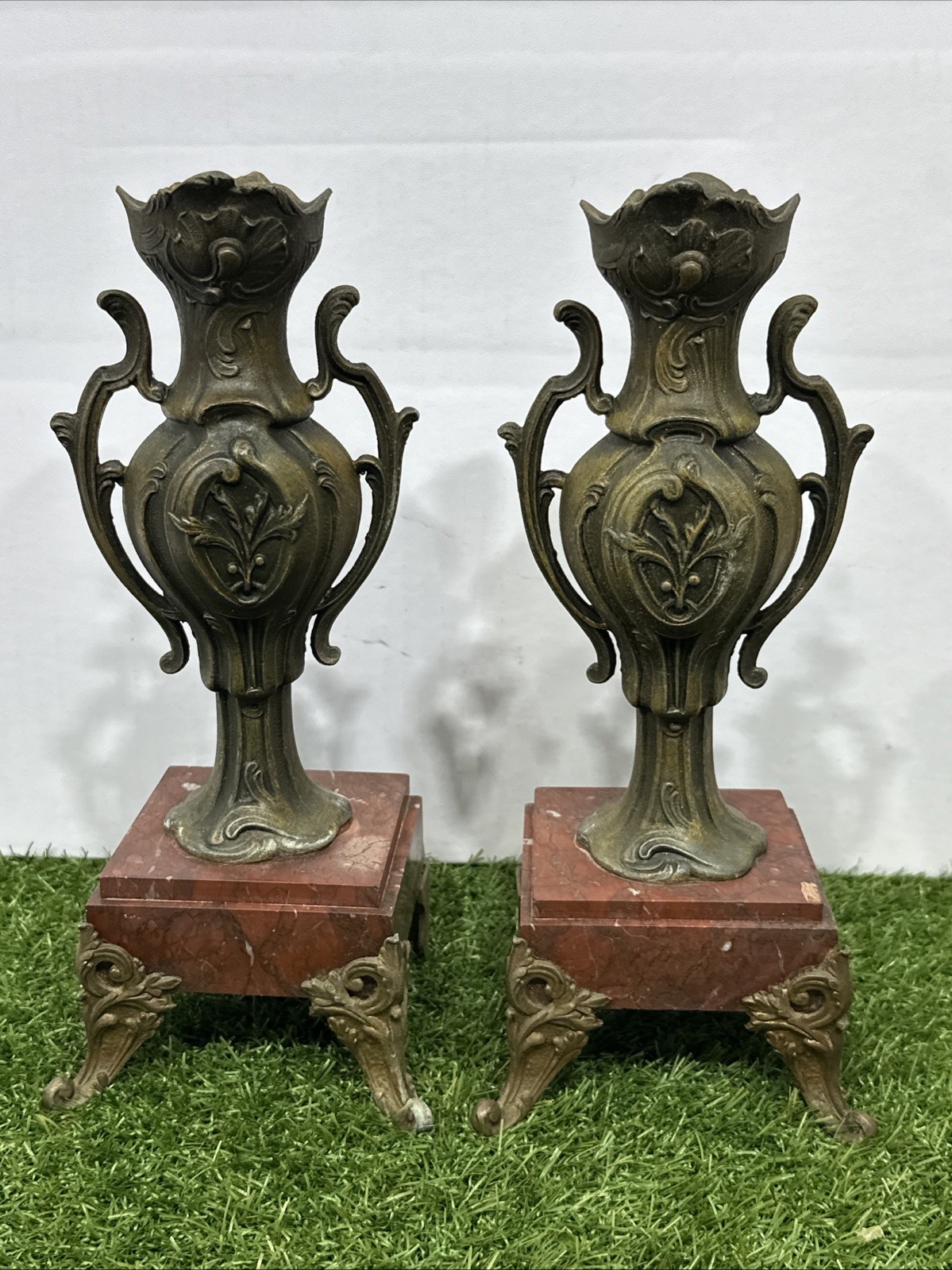 Vintage Spelter Candle Vases Art Nouveau Marble Base 11” 1890-1910 Vintage Spelter Candle Vases Art Nouveau Marble Base 11” 1890-1910