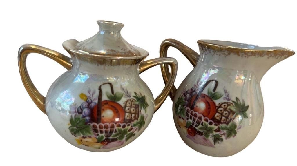 Irridescent Lusterware Vintage Nippon Sugar Bowl Set Fruit Basket Design