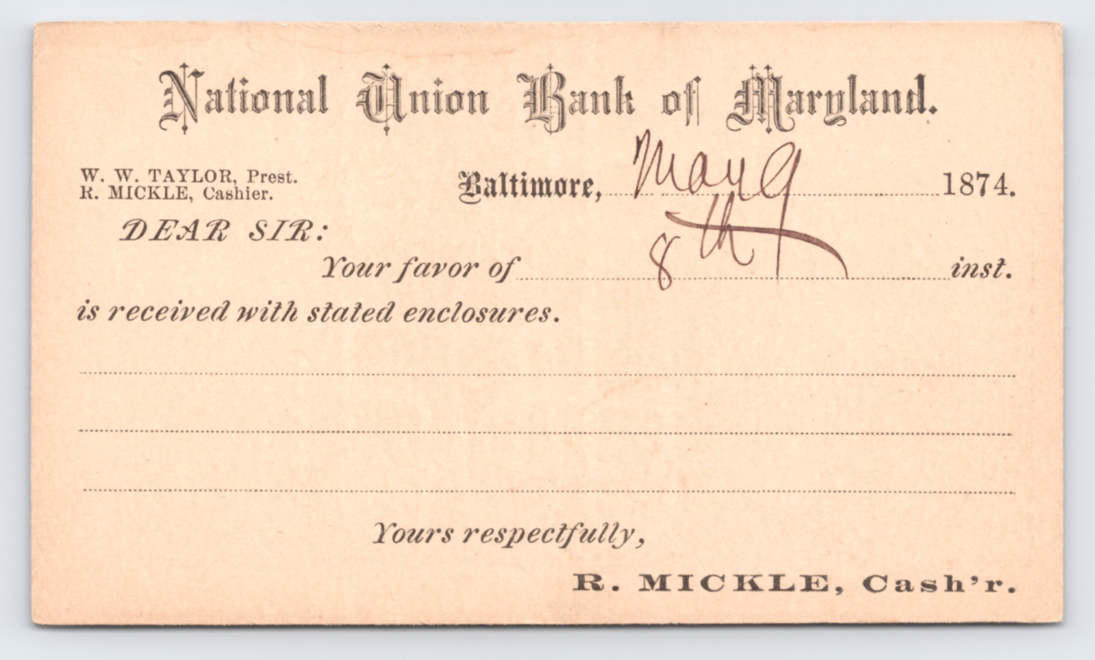 1874 National Union Bank of Maryland Postal Card Baltimore MD to Hagerstown