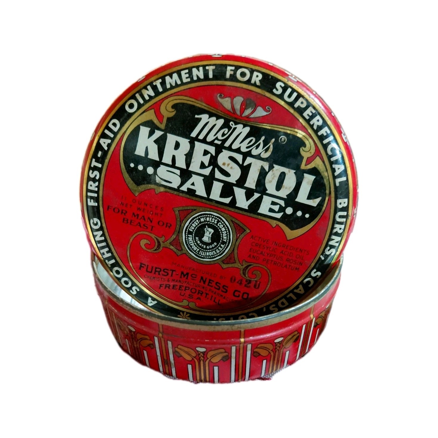McNess Krestol Salve Collectible Advertising Tin Red Black Gold