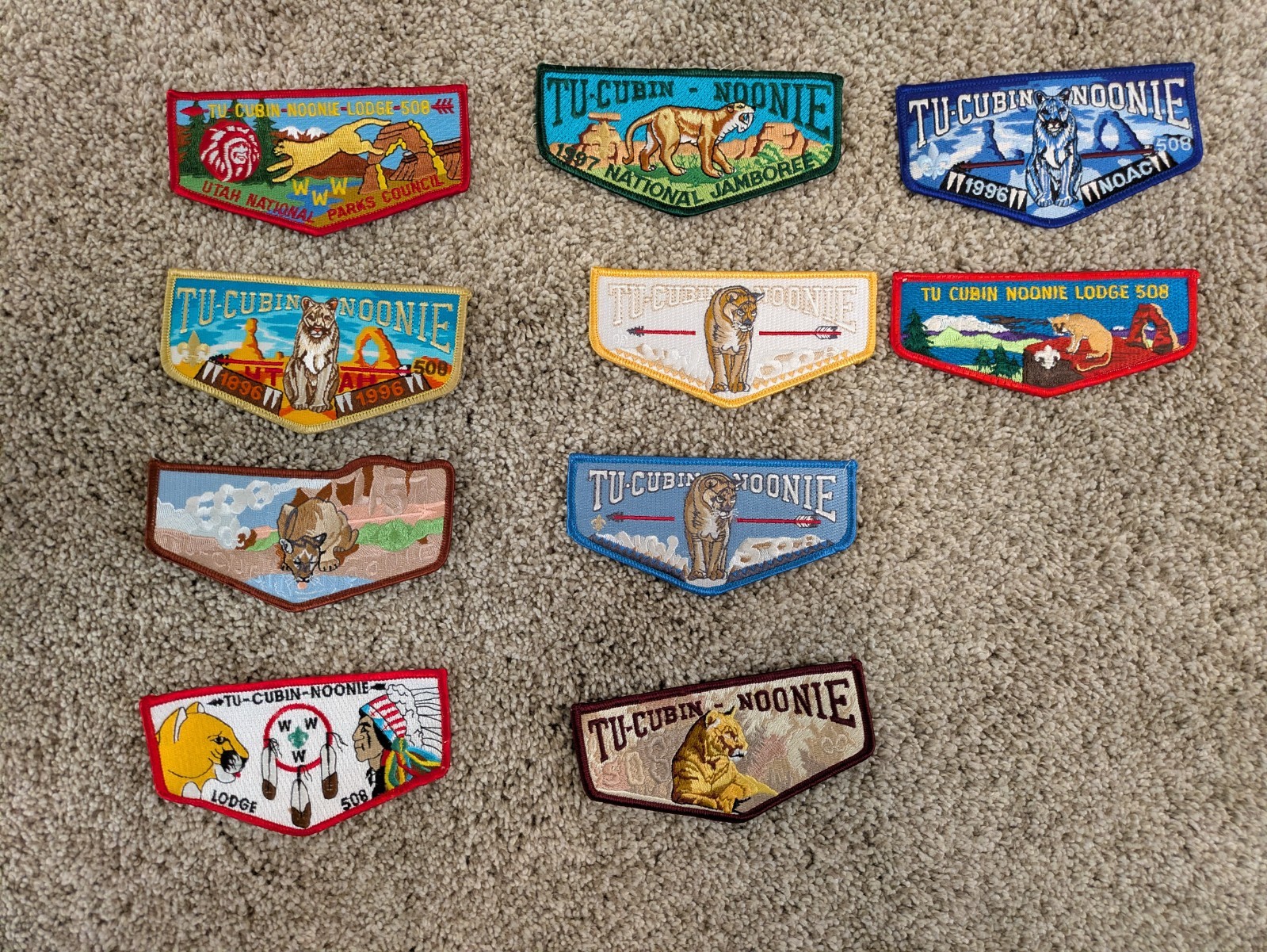 BSA Order of the Arrow Tu-Cubin Noonie patches. Total of 10 unique patchers