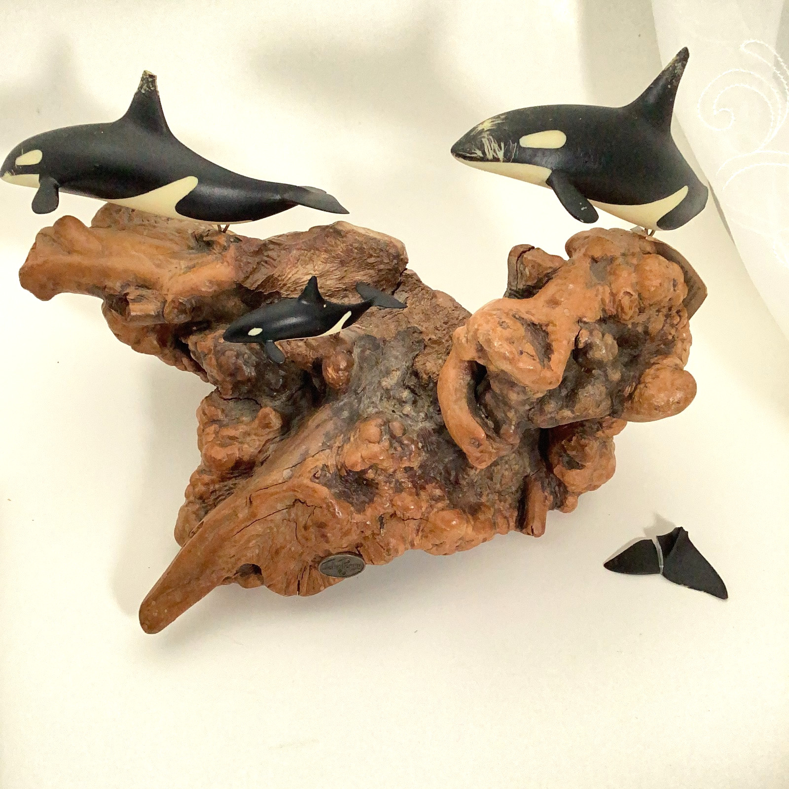 Vintage Orca Family Sculpture on Burlwood Base by John Perry, 1976 Vintage Orca Family Sculpture on Burlwood Base by John Perry, 1976