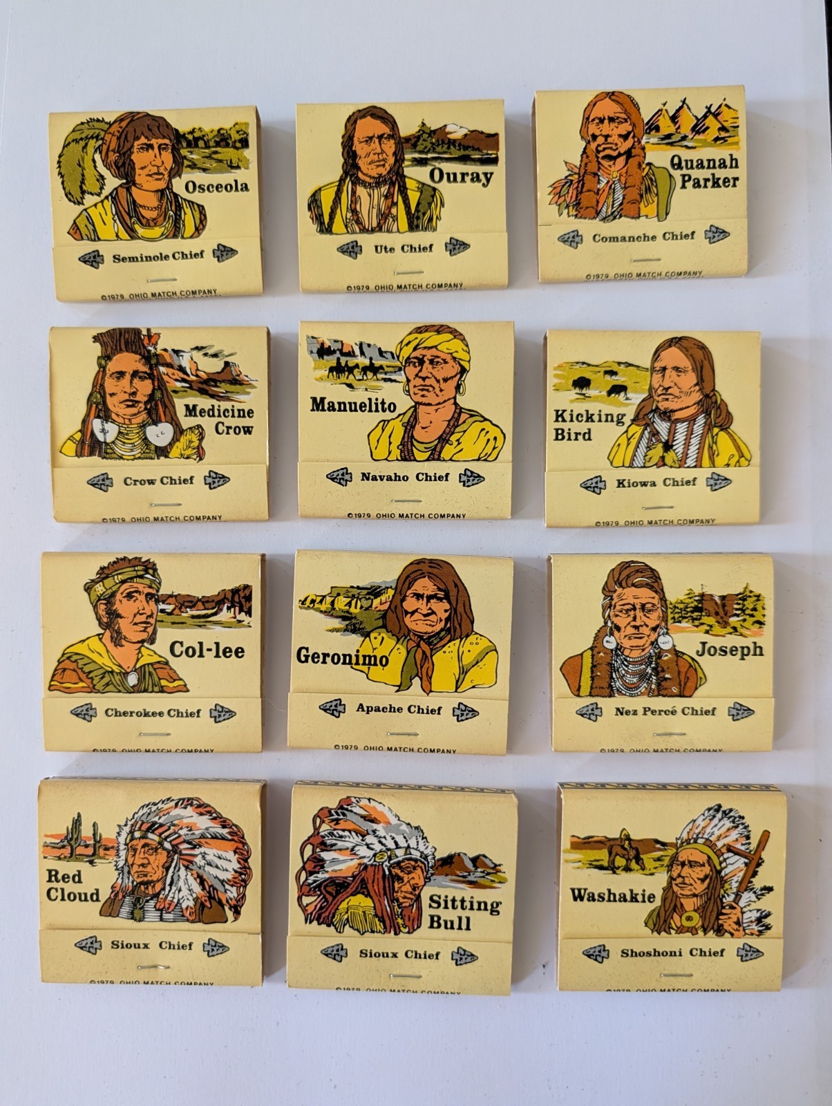 Full Set 12 Vintage 1979 Ohio Match Co Native American Indian Chiefs Unstruck