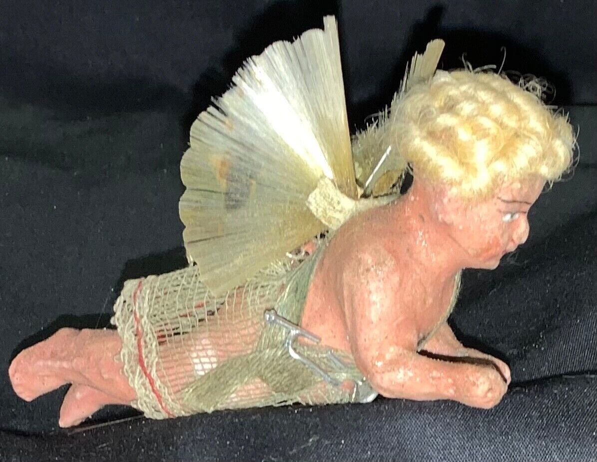 VICTORIAN CHRISTMAS WAX/COMPOSITION ORNAMENT - ANGEL W/MOHAIR, SPUN GLASS WINGS