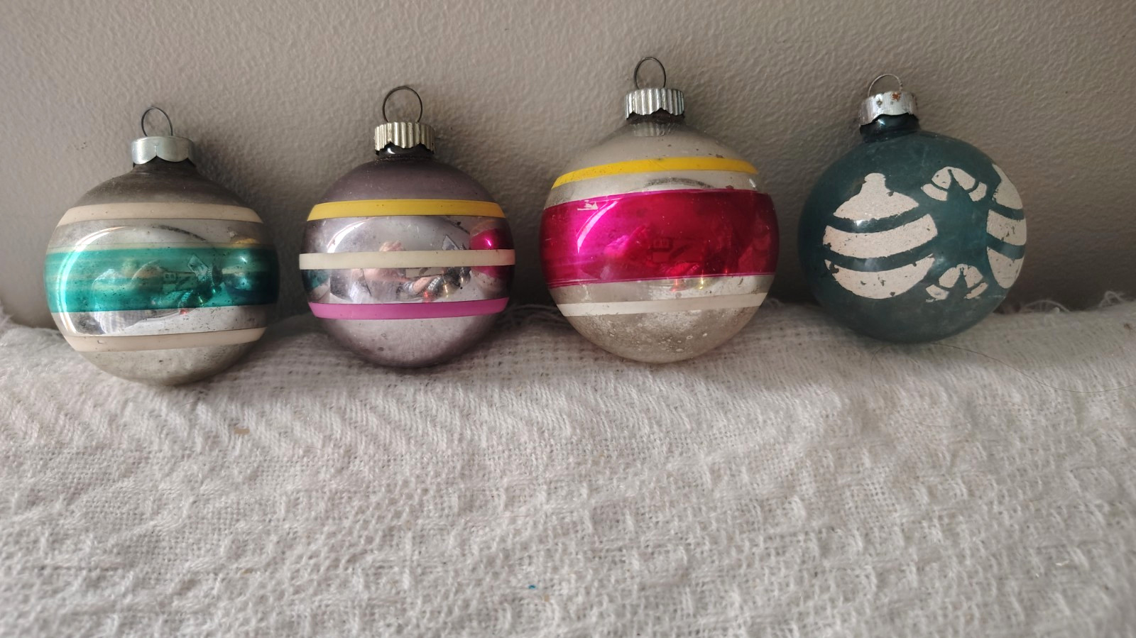4 Vintage Shiny Brite & Rauch Silvered Striped Glass Christmas Ornaments 2 4 Vintage Shiny Brite & Rauch Silvered Striped Glass Christmas Ornaments 2