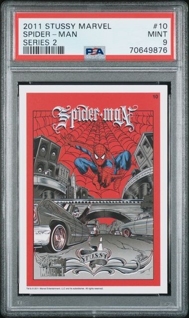 PSA 9 2011 Stussy x Marvel Series Spider-Man with artwork by Mister Cartoon.