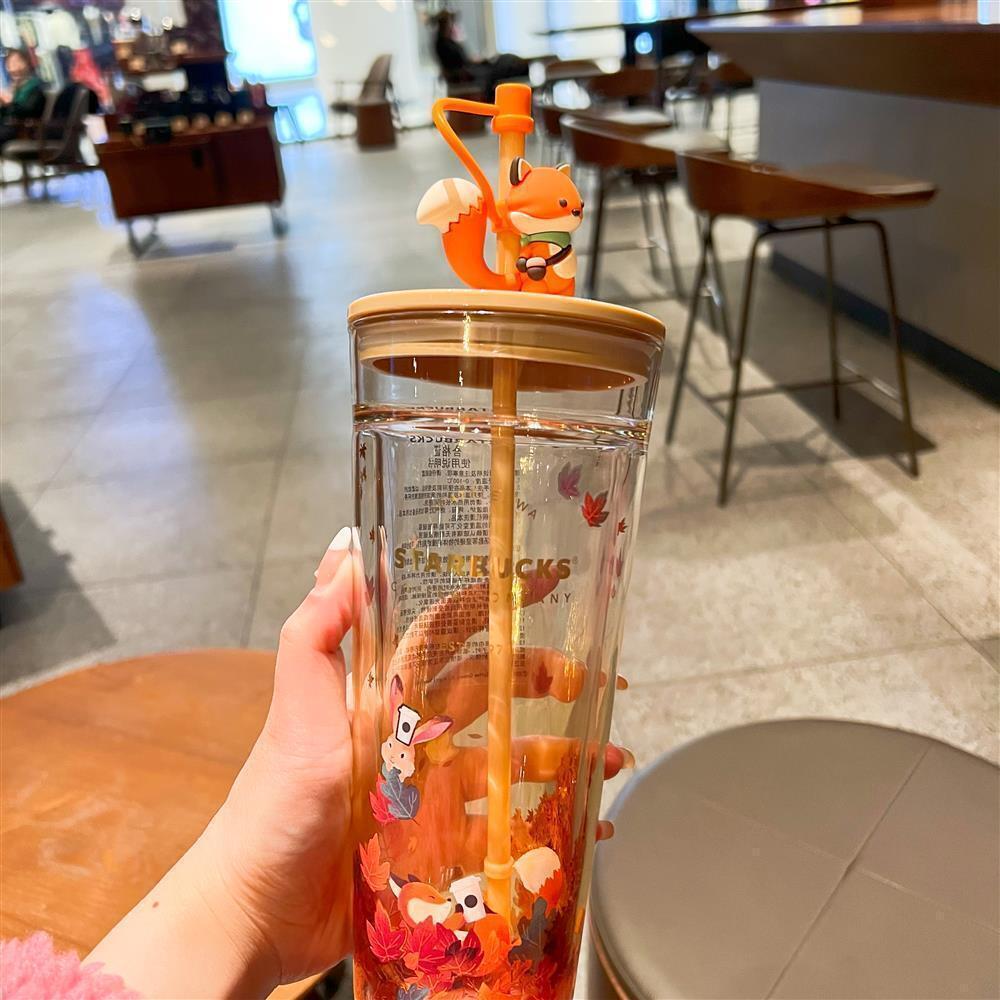 Starbucks Autumn Fox Maple Leaf Cup Tumbler Straw Dust Stopper Double Glass Set Starbucks Autumn Fox Maple Leaf Cup Tumbler Straw Dust Stopper Double Glass Set