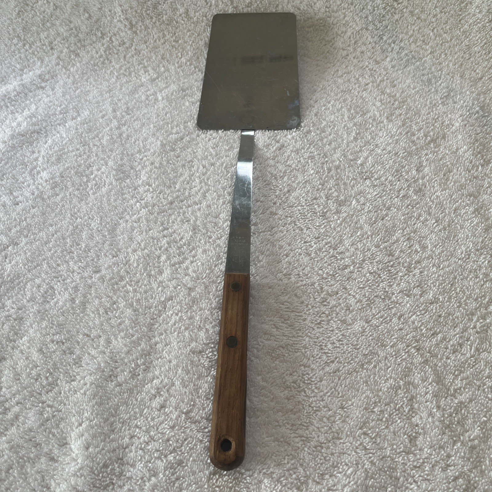 Vintage Mel Jax Stainless Steel Flat Spatula Wood Handle USA  EUC.  14”.      TH