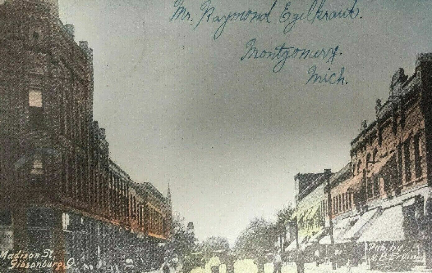 1918 Gibsonburg Ohio Postcard Madison St People Hand Tinted Street Scene 1918 Gibsonburg Ohio Postcard Madison St People Hand Tinted Street Scene