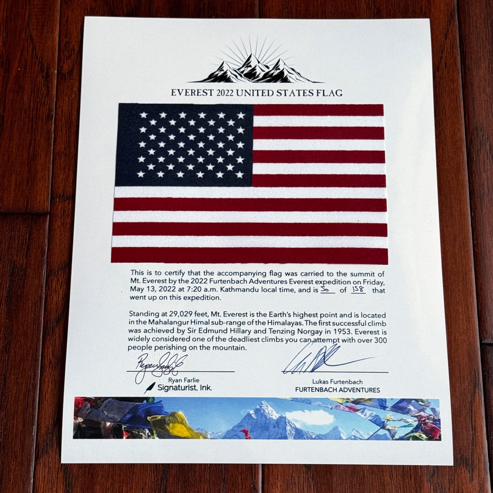 MOUNT EVEREST Genuine US Mini Flag ARTIFACT Carried to the Summit of MT 29029 FT