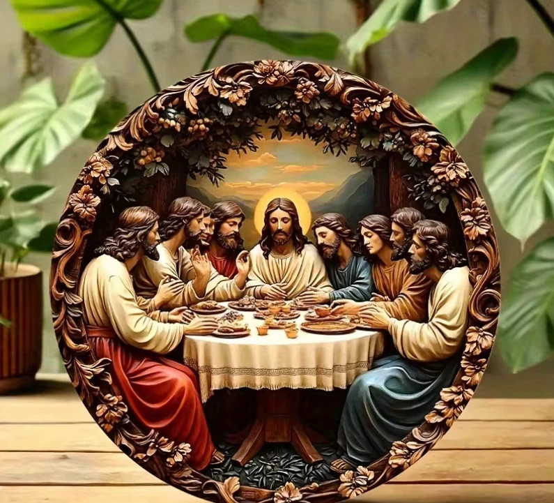 Jesus Last Supper Flat Wooden Disc Sign Religious Wall Art Decor Christian Gift