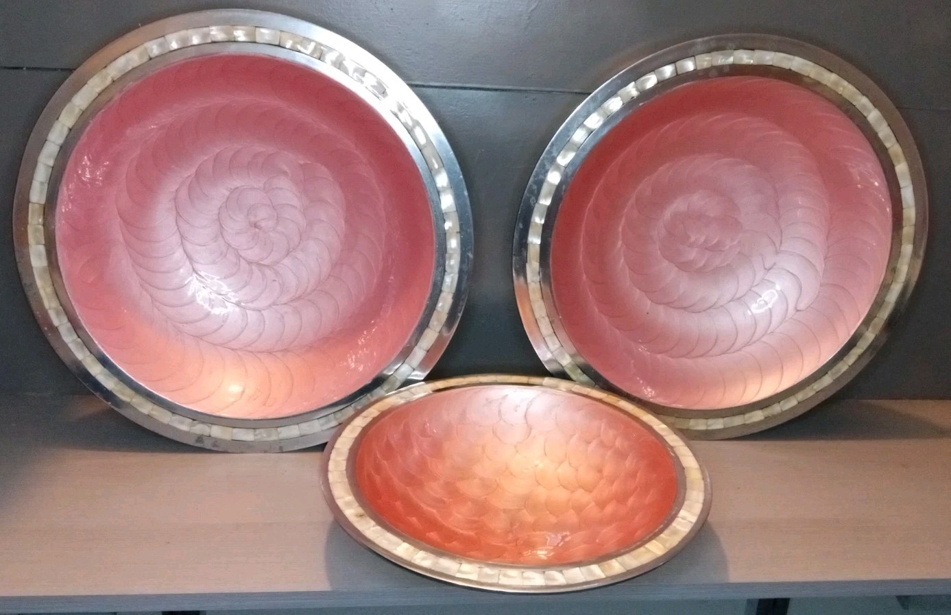 Rare Set Of 3 Julia Knight Mother Of Pearl & Enameled Pink Bowl Set