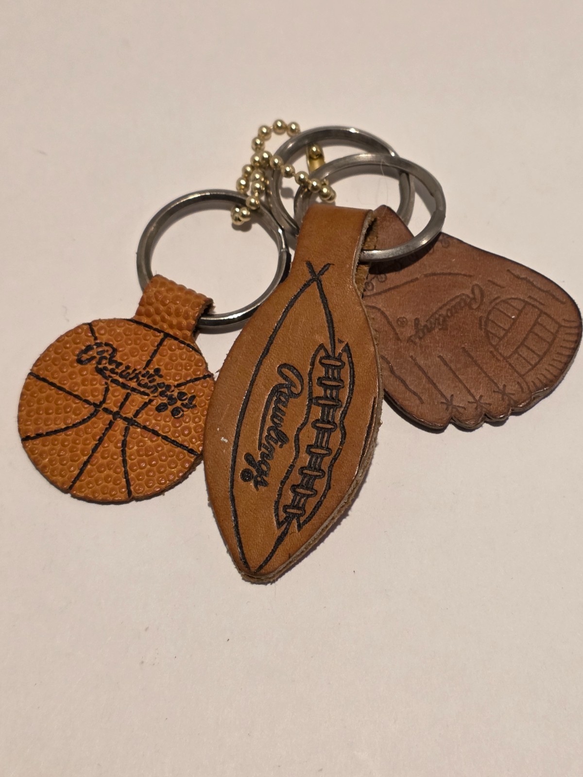 3 Vintage Leather Rawlings Key Rings Baseball Football Basketball 3 Vintage Leather Rawlings Key Rings Baseball Football Basketball