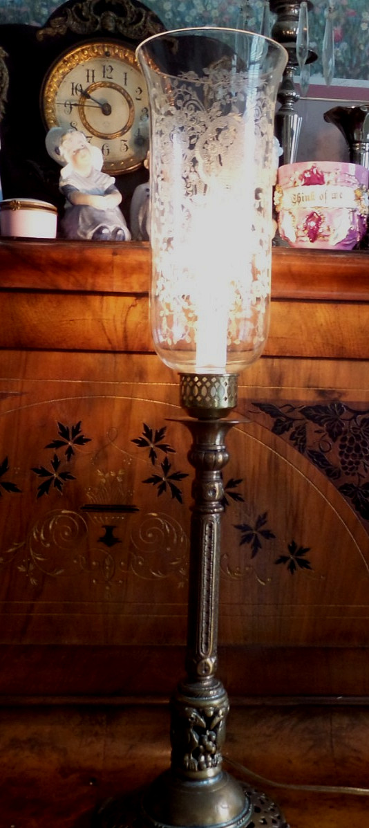 Antique Oscar Bach Bronze Like Electric Candle Lamp with Fostoria Etched shade Antique Oscar Bach Bronze Like Electric Candle Lamp with Fostoria Etched shade