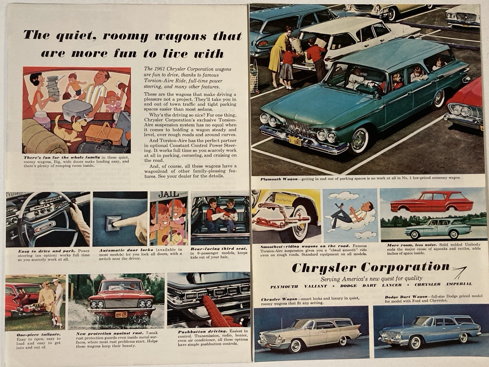 1961 Chrysler Station Wagons Two Page Print Ad Quiet Roomy