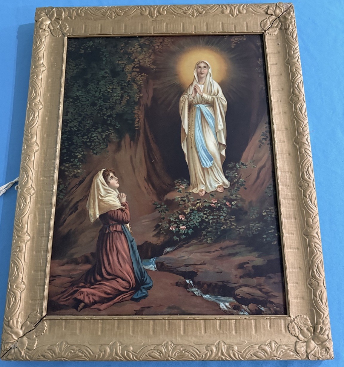 ~FRAMED VINTAGE OUR LADY OF LOURDES TIN PRINT 29” ~ ~FRAMED VINTAGE OUR LADY OF LOURDES TIN PRINT 29” ~