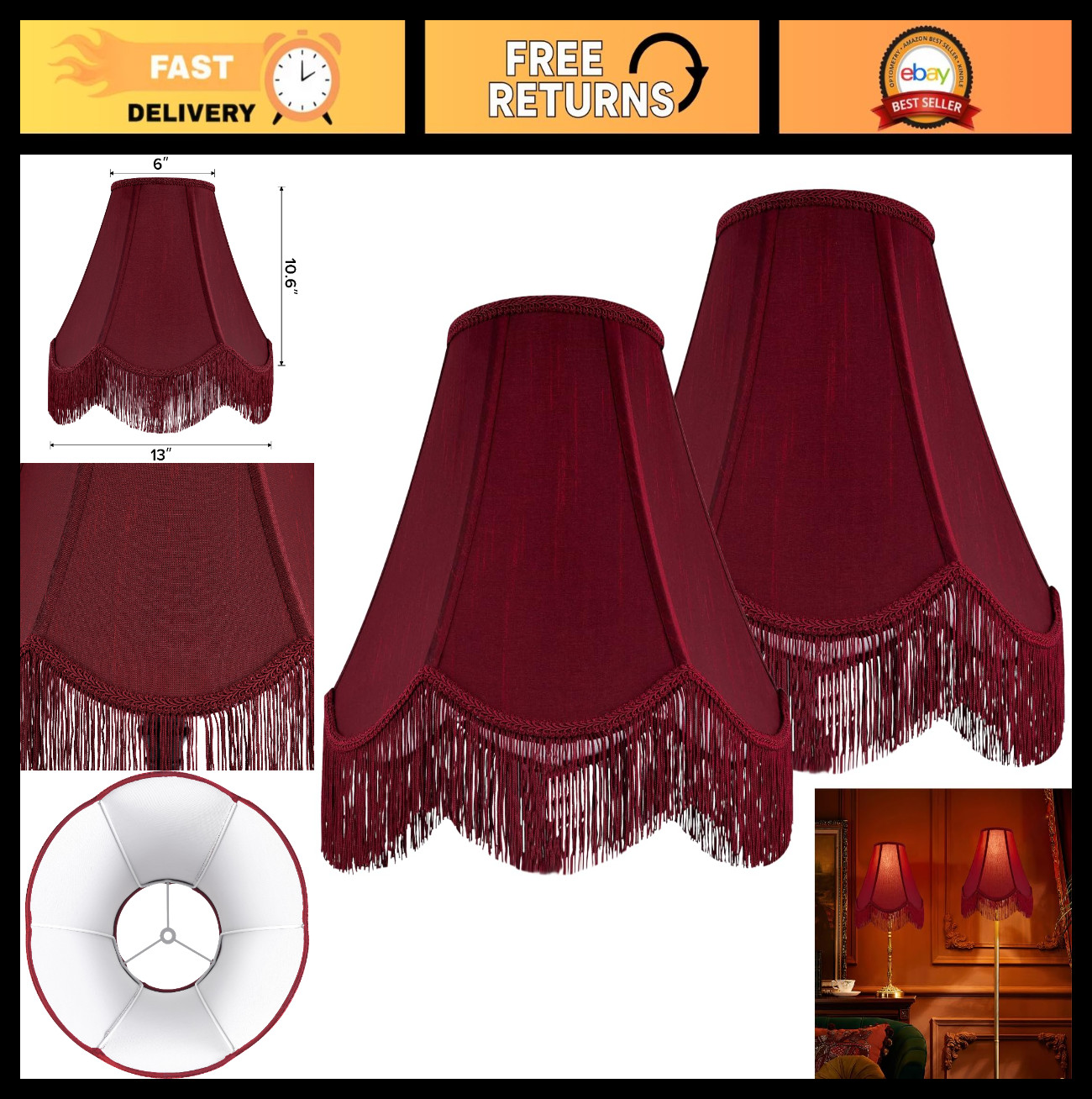 Set of 2 Red Fringe Scalloped Lamp Shades, 6 Set of 2 Red Fringe Scalloped Lamp Shades, 6