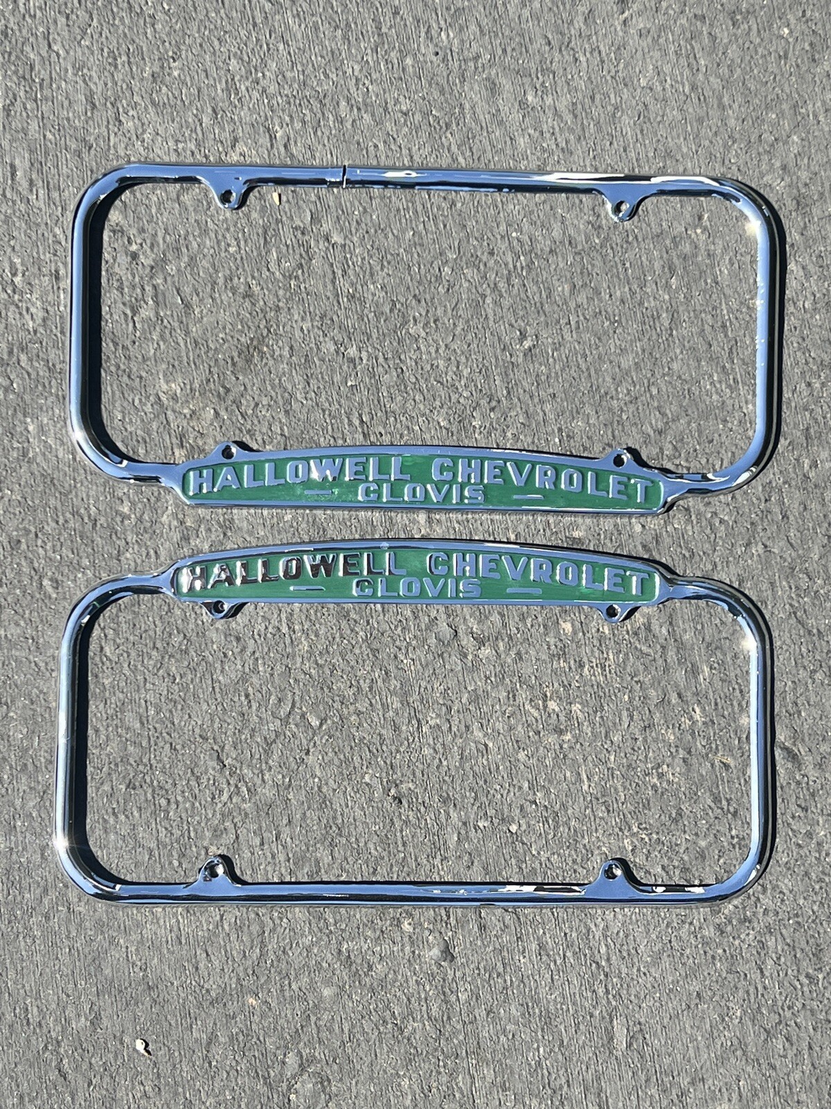 Pair 40\'s 50\'s Hallowell Chevrolet Clovis CA Dealer License Frames Lowrider Bomb