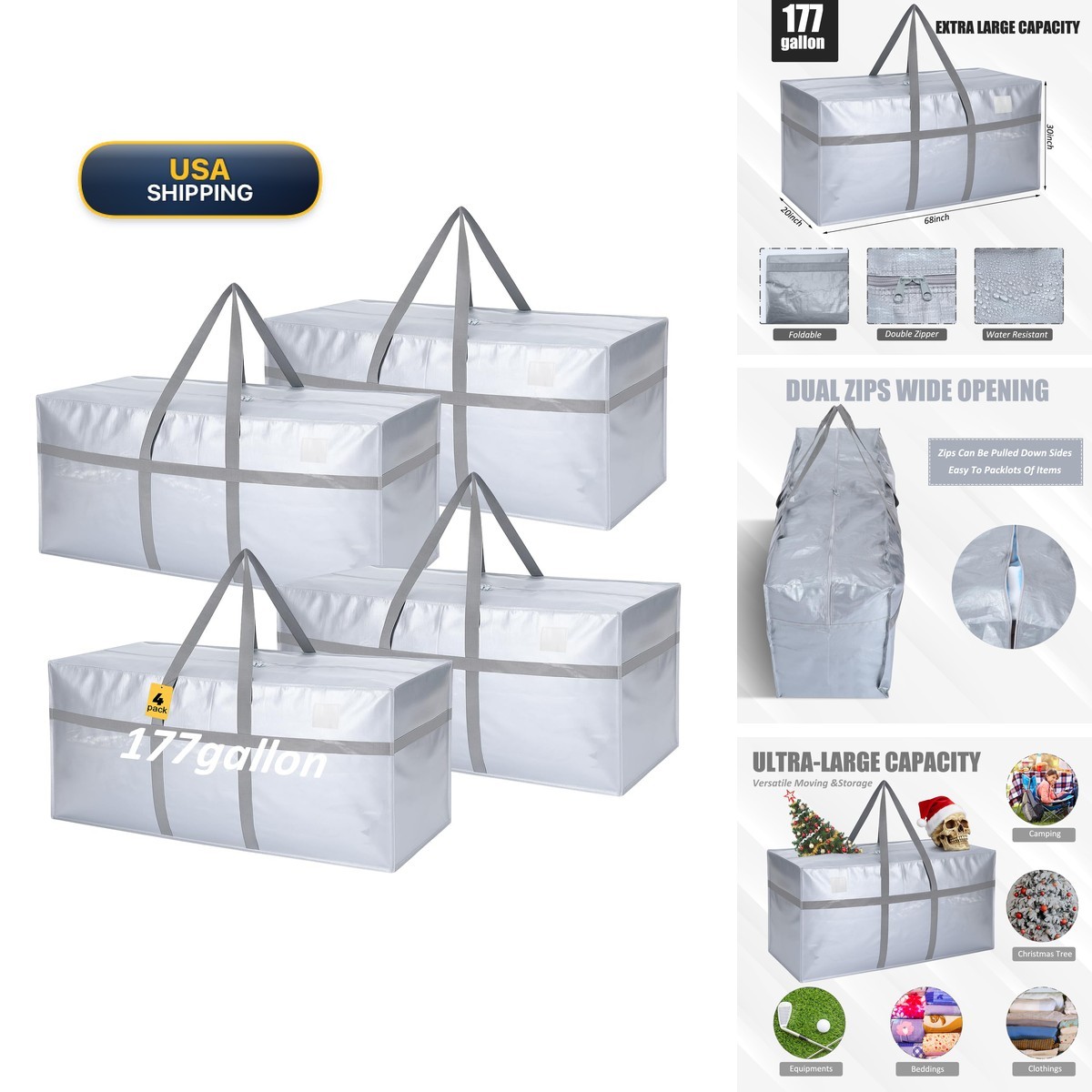 Windyun 4 Pack 177 Gallon XXL Heavy Duty Moving Storage Bags Silver Foldable Windyun 4 Pack 177 Gallon XXL Heavy Duty Moving Storage Bags Silver Foldable