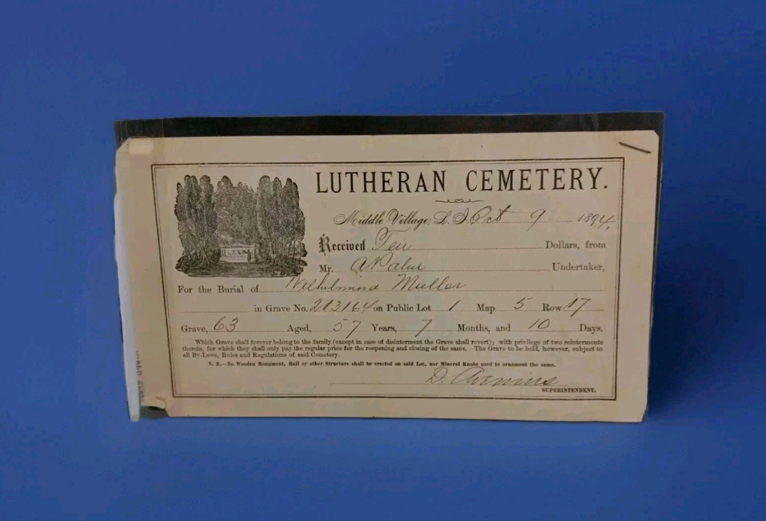 Lutheran Cemetery Paid Plot: Middle Village Long Island NY Oct 9 1894 Original Lutheran Cemetery Paid Plot: Middle Village Long Island NY Oct 9 1894 Original