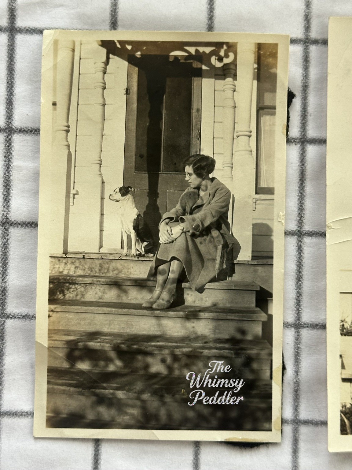 Vintage 1920s Woman With Boston Terrier looking Dog on Porch Snapshot Photo Vintage 1920s Woman With Boston Terrier looking Dog on Porch Snapshot Photo