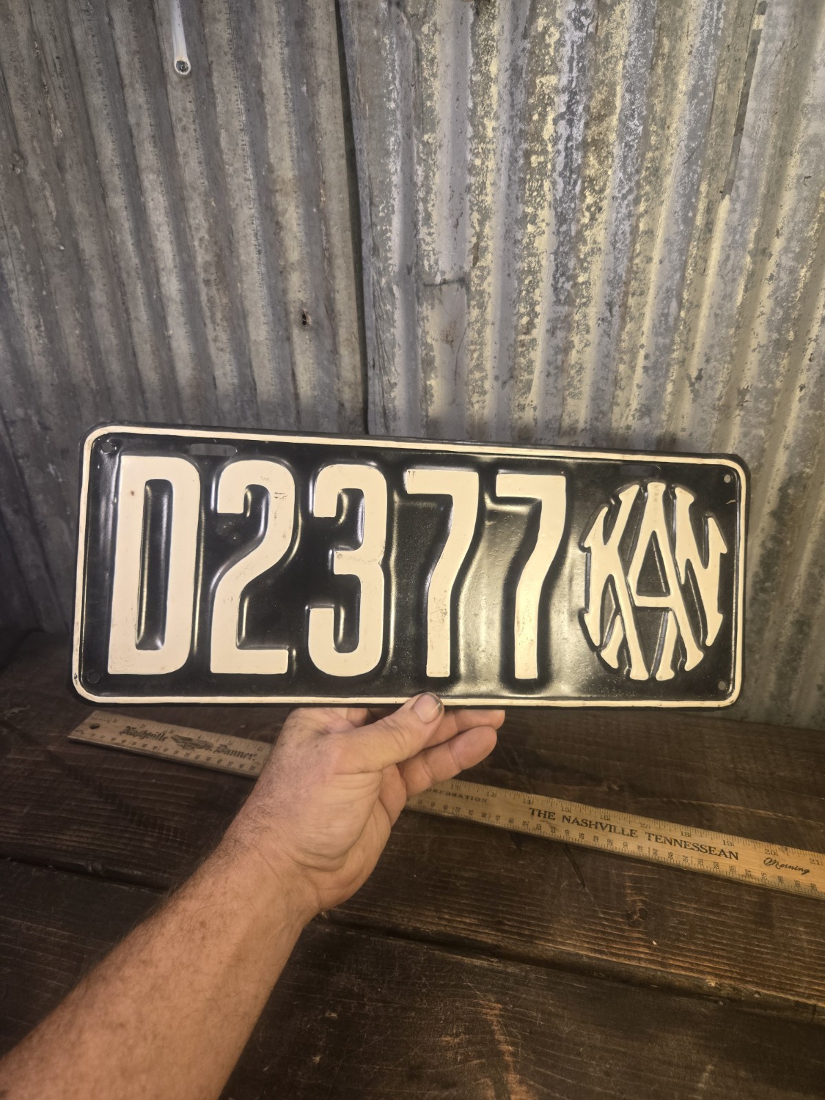 ​Vintage 1916 Kansas License Plate Dealer Tag  Interlocking Monogram Logo