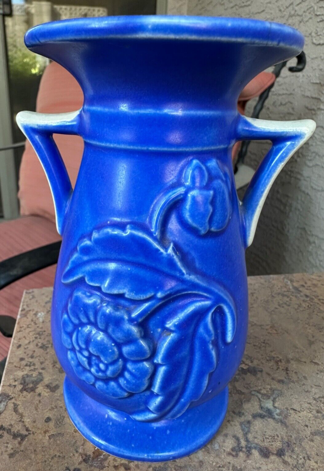 Vintage Shawnee Cobalt Blue Bud Vase Raised Relief Floral Mid Century Dbl Handle
