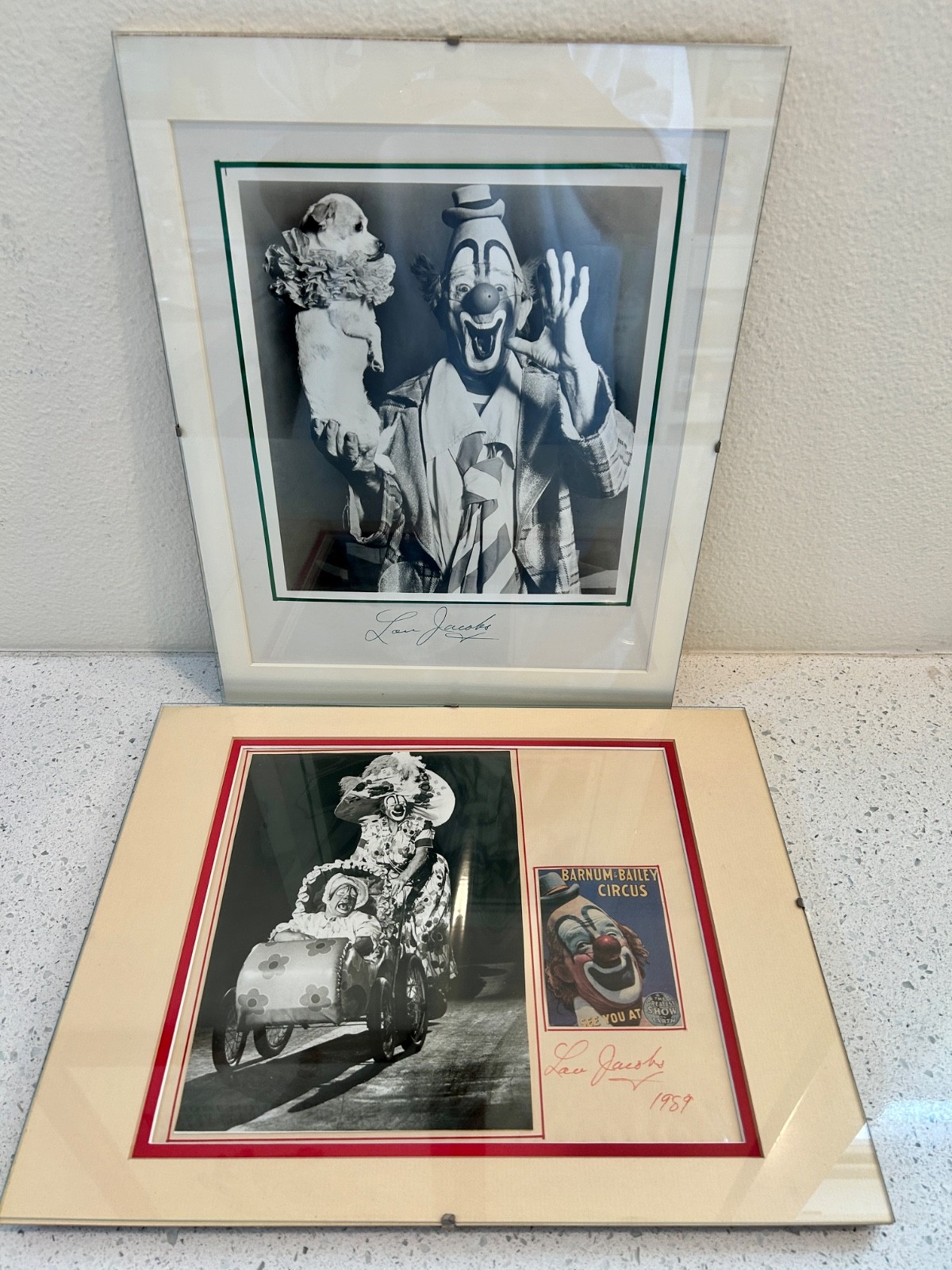 2 Lou Jacobs Clown Autographed Signed Barnum Circus Photos  Under Glass 1989