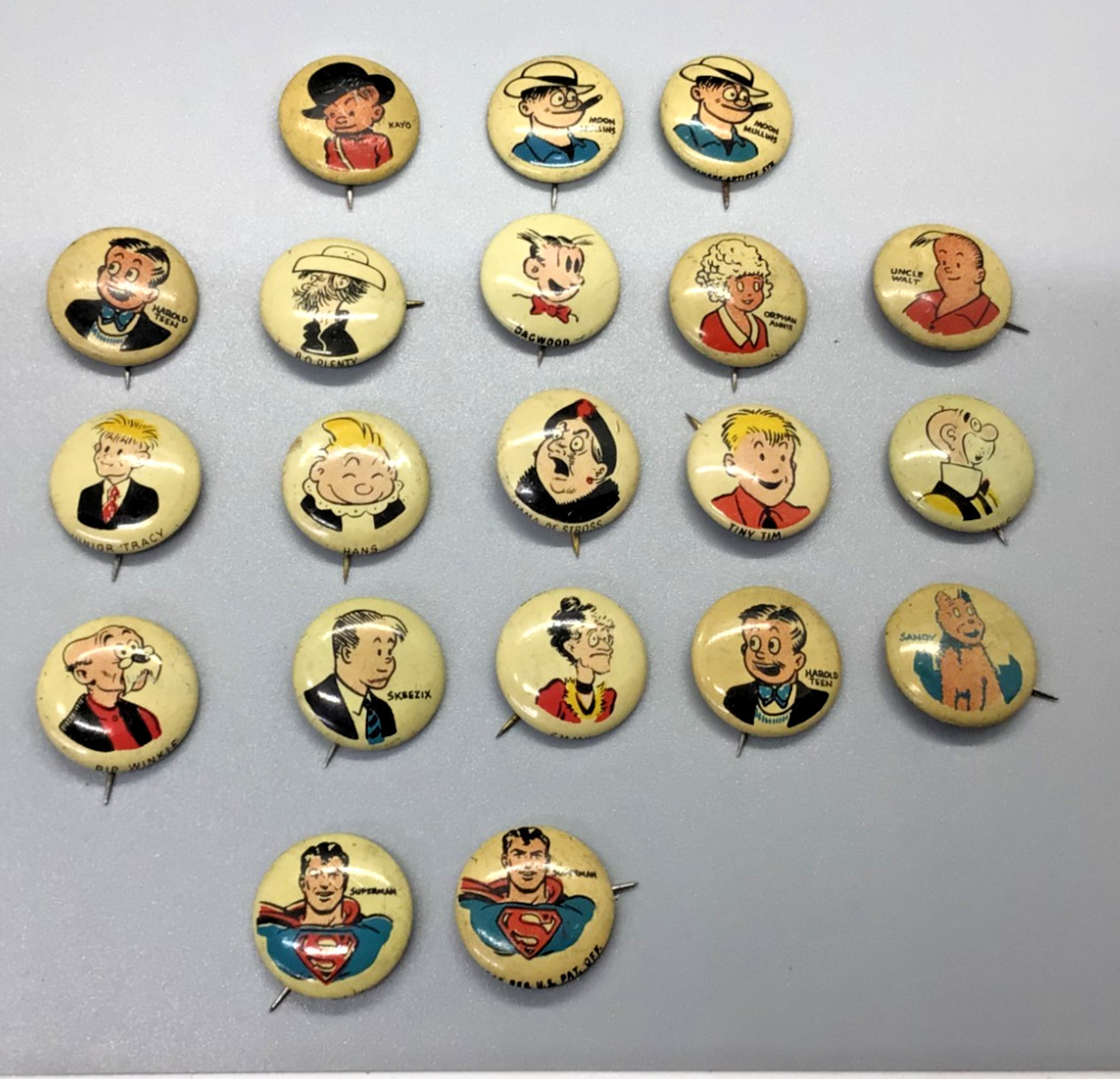20-1940\'s Kellogg\'s Pep Cereal Tin/Litho Pinback Buttons. 2-Superman/No rust