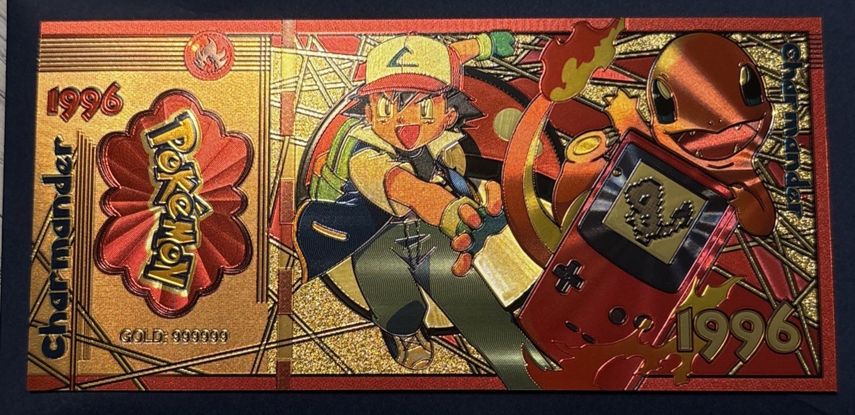 24k Gold Foil Plated Charmander Pokemon Banknote Gameboy GOLD 24k Gold Foil Plated Charmander Pokemon Banknote Gameboy GOLD