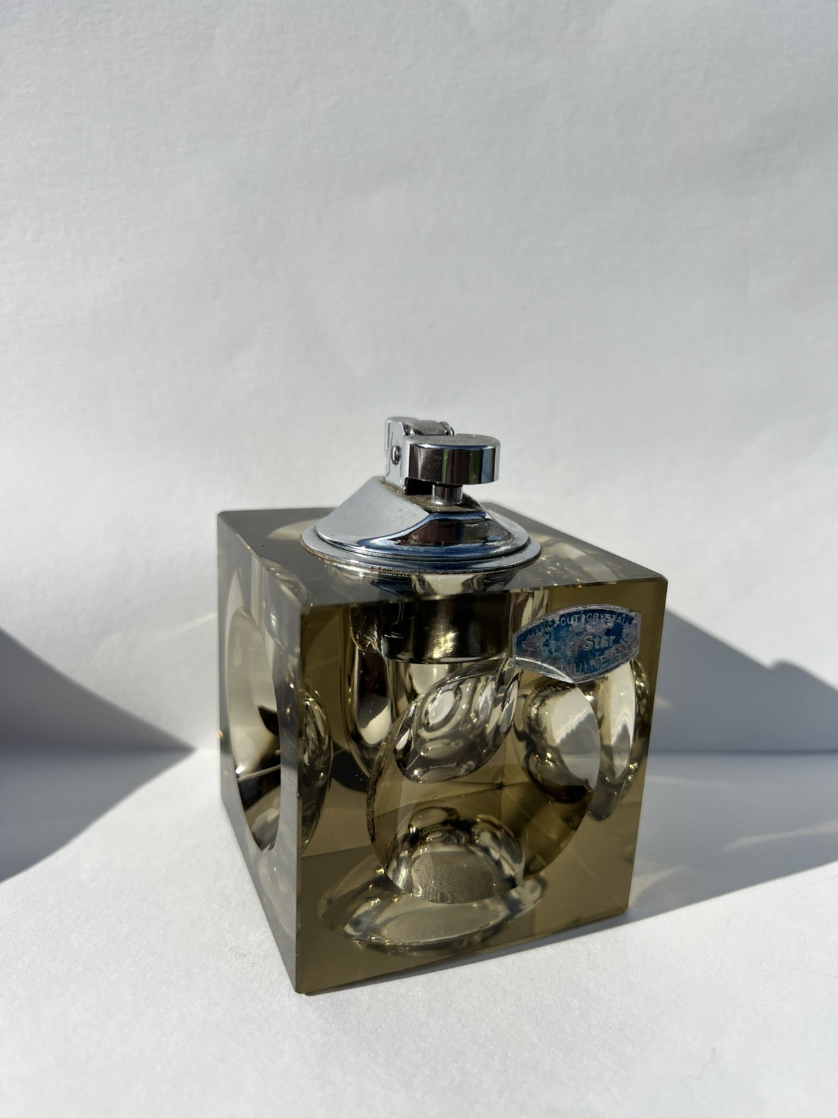 Vintage Smoked Glass Cube Table Lighter Japan Art Deco hand cut crystal Vintage Smoked Glass Cube Table Lighter Japan Art Deco hand cut crystal