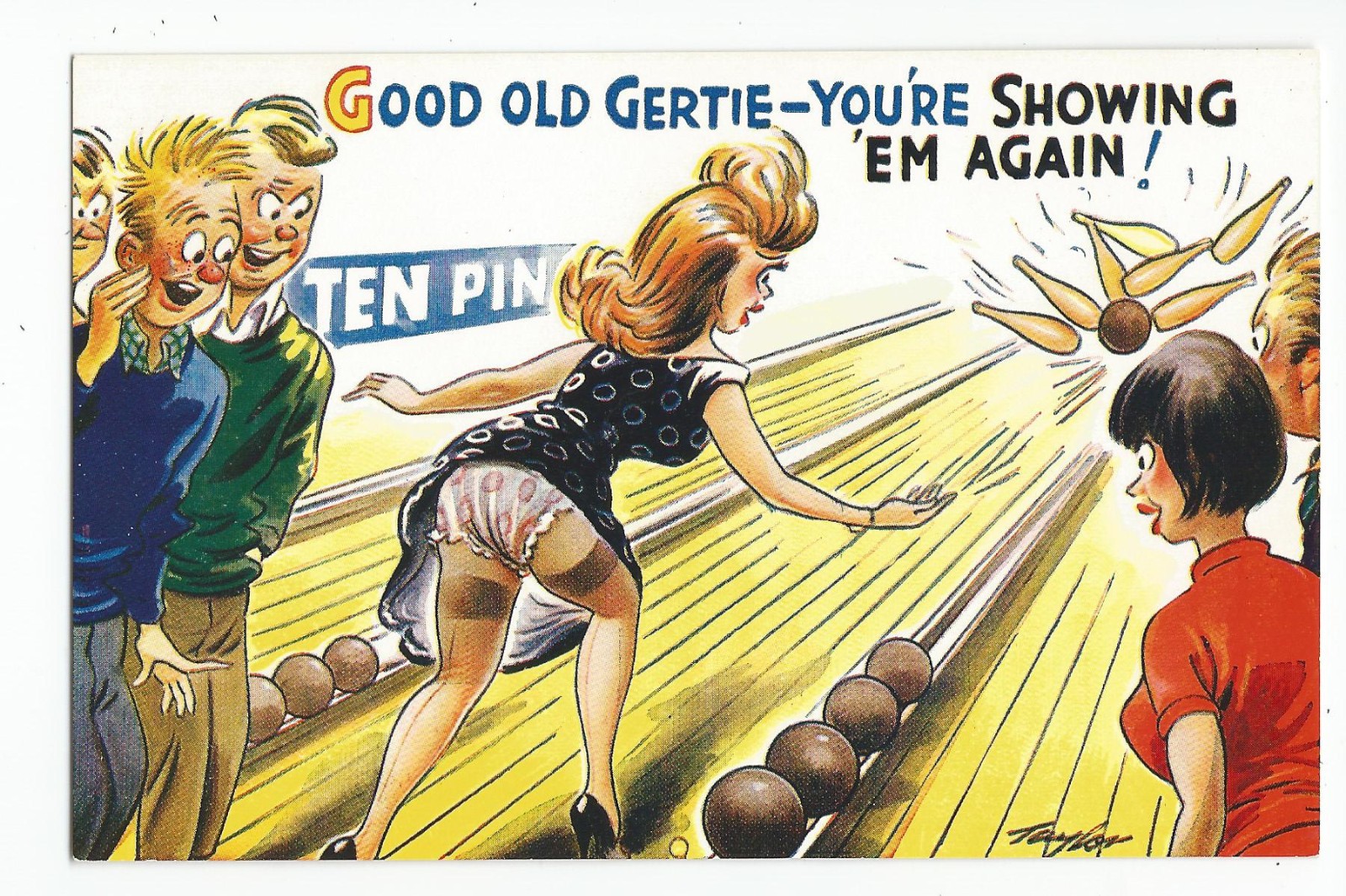 Saucy Postcard: Good Old Gertie Showing \'em Again Legs, Undergarment, Bowling Saucy Postcard: Good Old Gertie Showing \'em Again Legs, Undergarment, Bowling