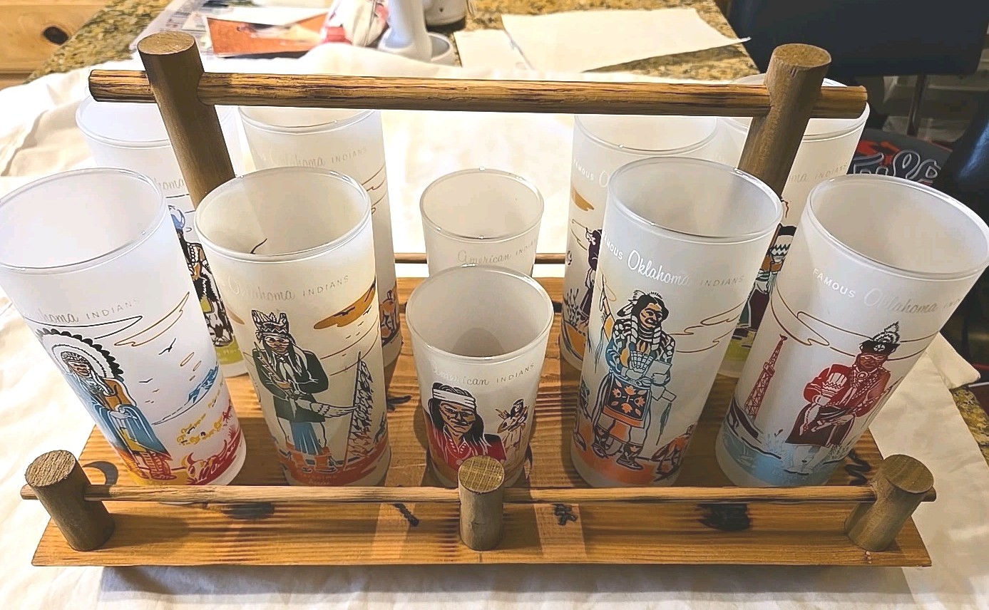 1950’s KNOX OIL Co FAMOUS OKLAHOMA INDIANS 10 GLASSES & TRAY-Acee BLUE EAGLE #2