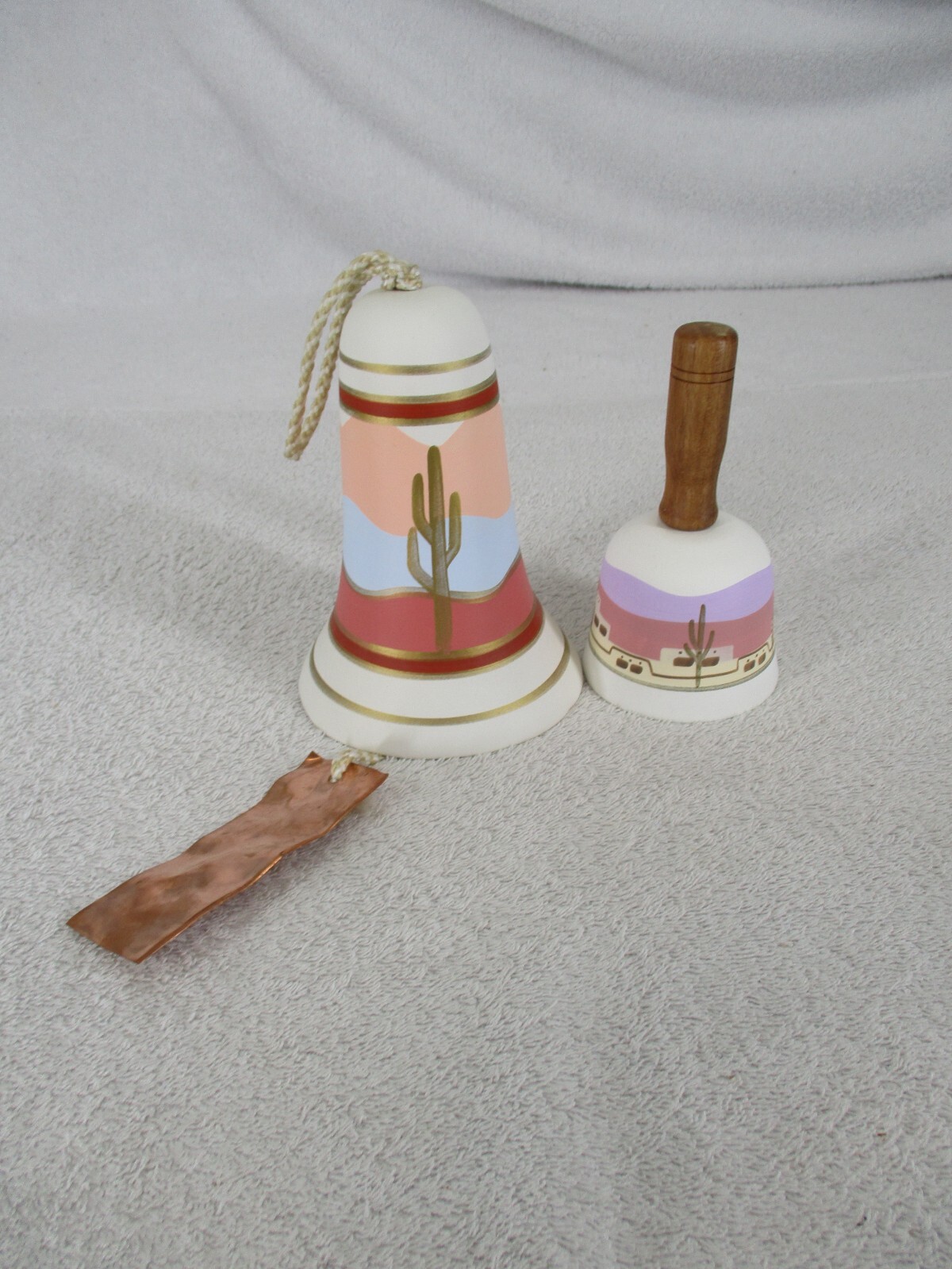 Arizona Bells Tesa Hand Painted Desert Scene Clay Copper Clapper 2 Wood Handle Arizona Bells Tesa Hand Painted Desert Scene Clay Copper Clapper 2 Wood Handle