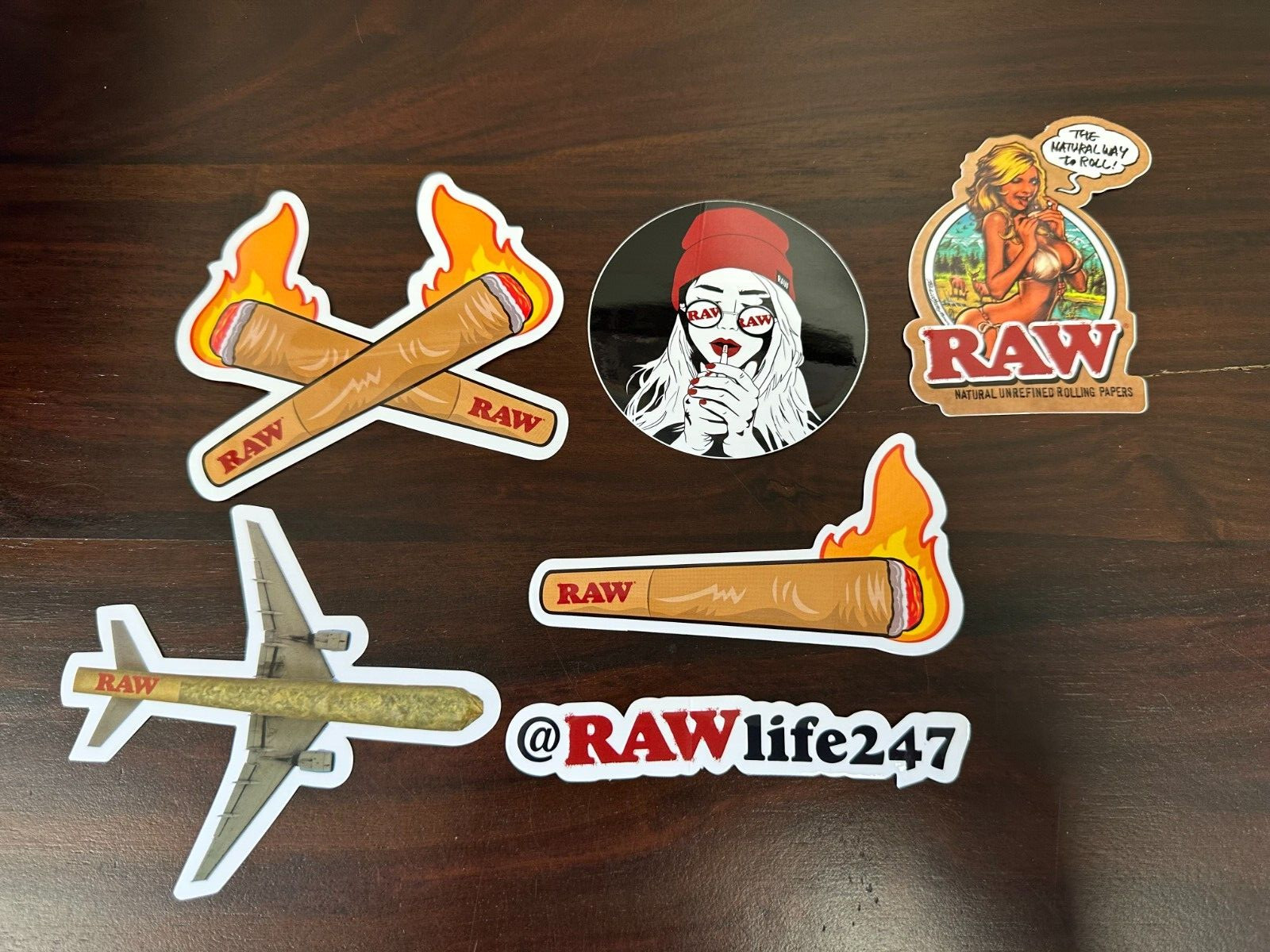 RAW Authentic Stickers Slap 6 Pack RAW Bikini Girl~#rawlife Fire Cones~Plane~#3 RAW Authentic Stickers Slap 6 Pack RAW Bikini Girl~#rawlife Fire Cones~Plane~#3