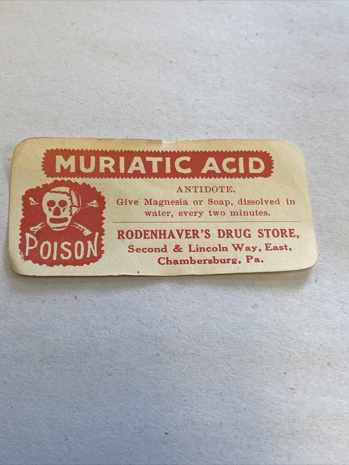 Vintage 1890-1910 Muriatic Acid Chambersburg Pa Skull Poison Bottle Label Vintage 1890-1910 Muriatic Acid Chambersburg Pa Skull Poison Bottle Label