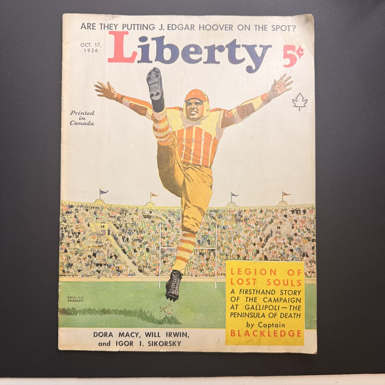 1936 Liberty Magazine Oct 17 J Edgar Hoover Gallipoli Football Cover Vintage