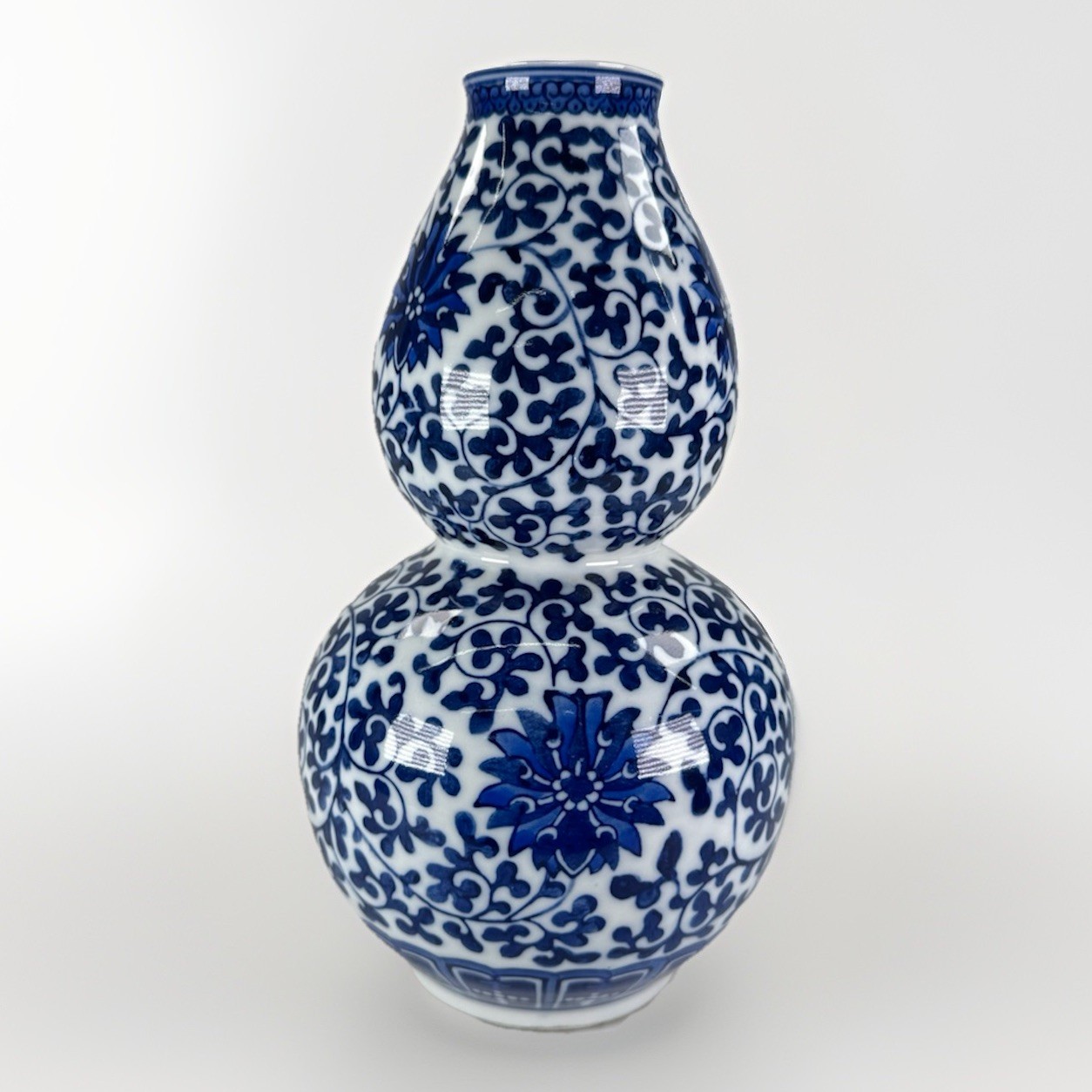 Chinese Blue & White Double Gourd Shaped Lotus Vase W Qianlong Mark 8.75” Tall