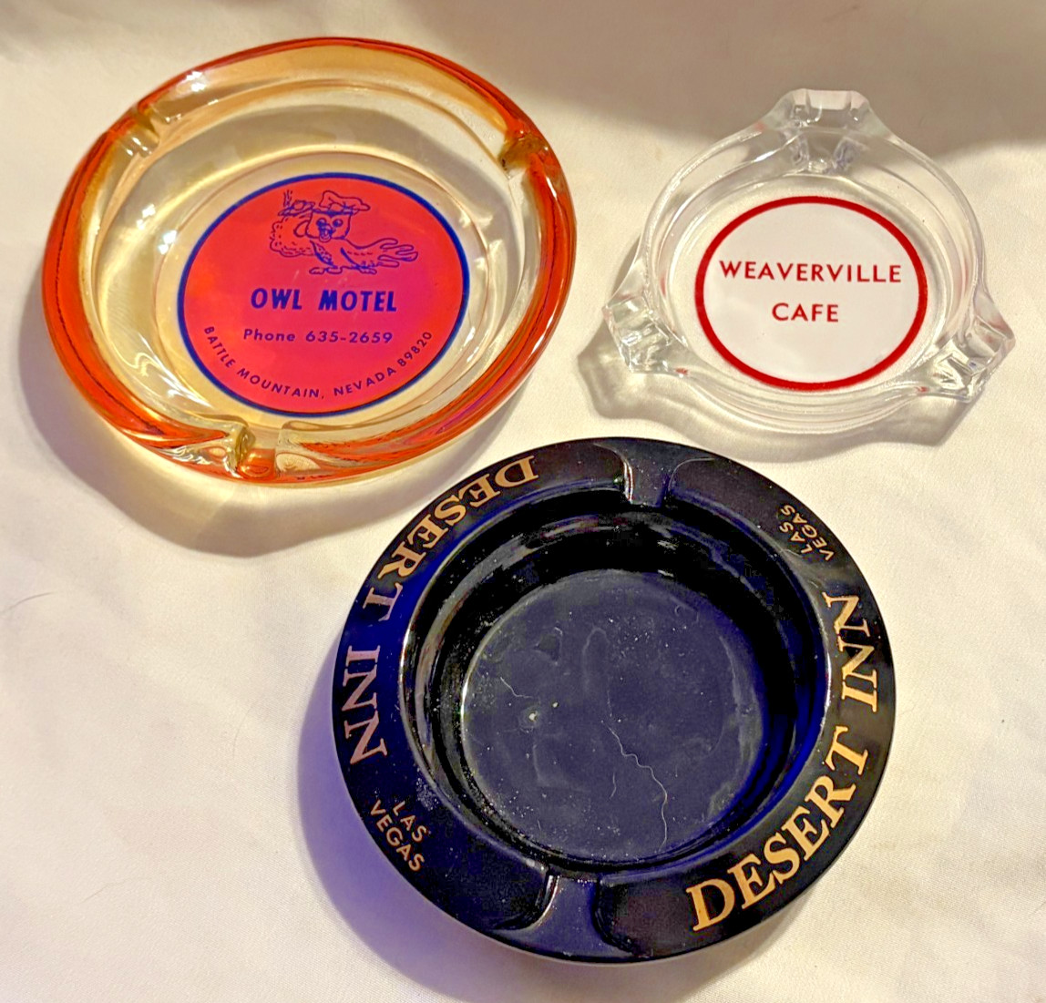 3 Vintage ASHTRAYS - Owl Motel - Desert Inn Las Vegas - Weaverville Cafe