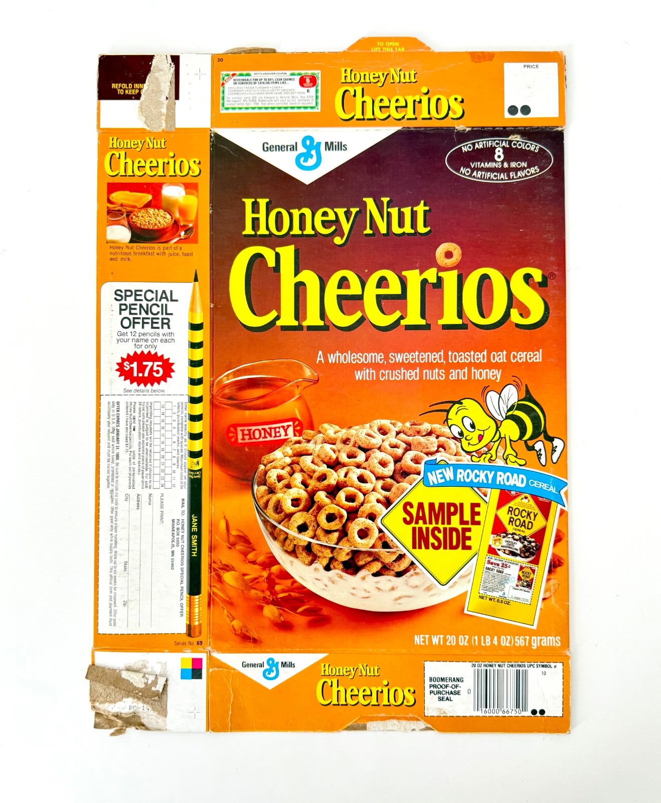 Vintage 1986 General Mills Honey Nut Cheerios Cereal Box NEW Rocky Road Sample Vintage 1986 General Mills Honey Nut Cheerios Cereal Box NEW Rocky Road Sample