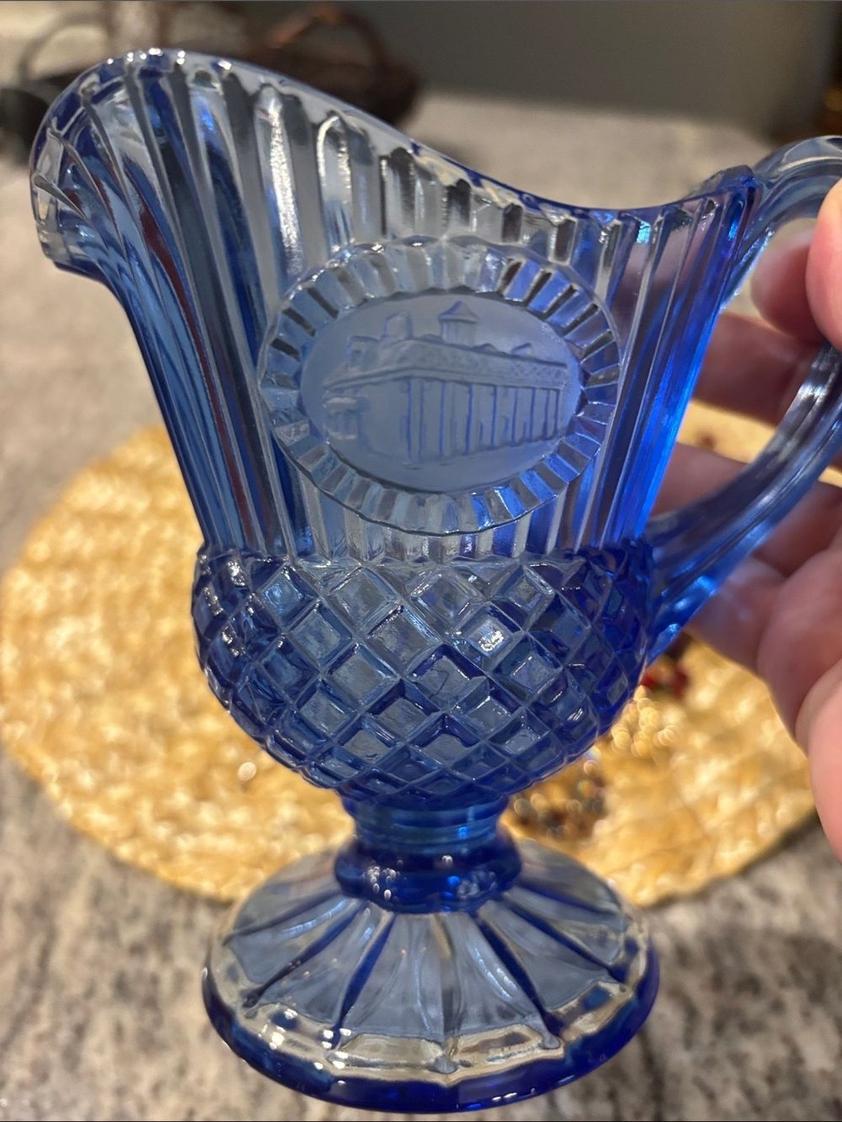 Vintage Colbalt Blue Pressed Glass Pitcher 70s Decorative Home Accent Vintage Colbalt Blue Pressed Glass Pitcher 70s Decorative Home Accent