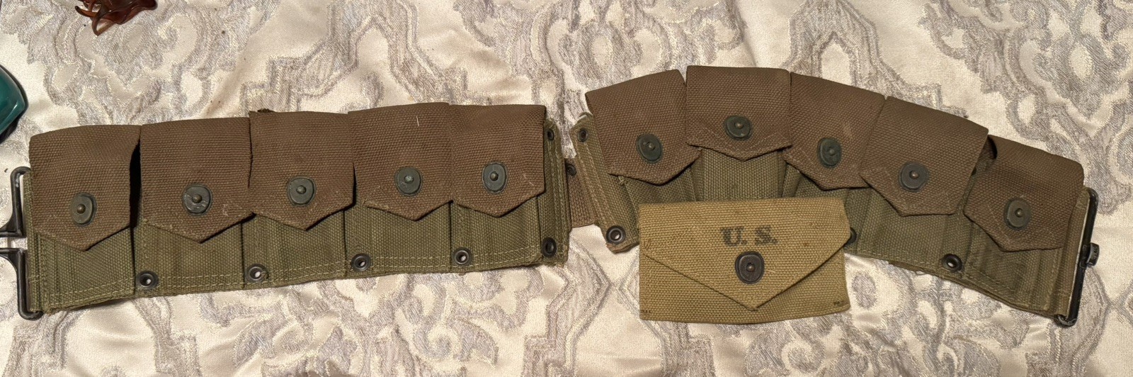 Original WWII US M1923 Garand Cartridg Belt 1942 2-Tone Transitional M1911 Pouch