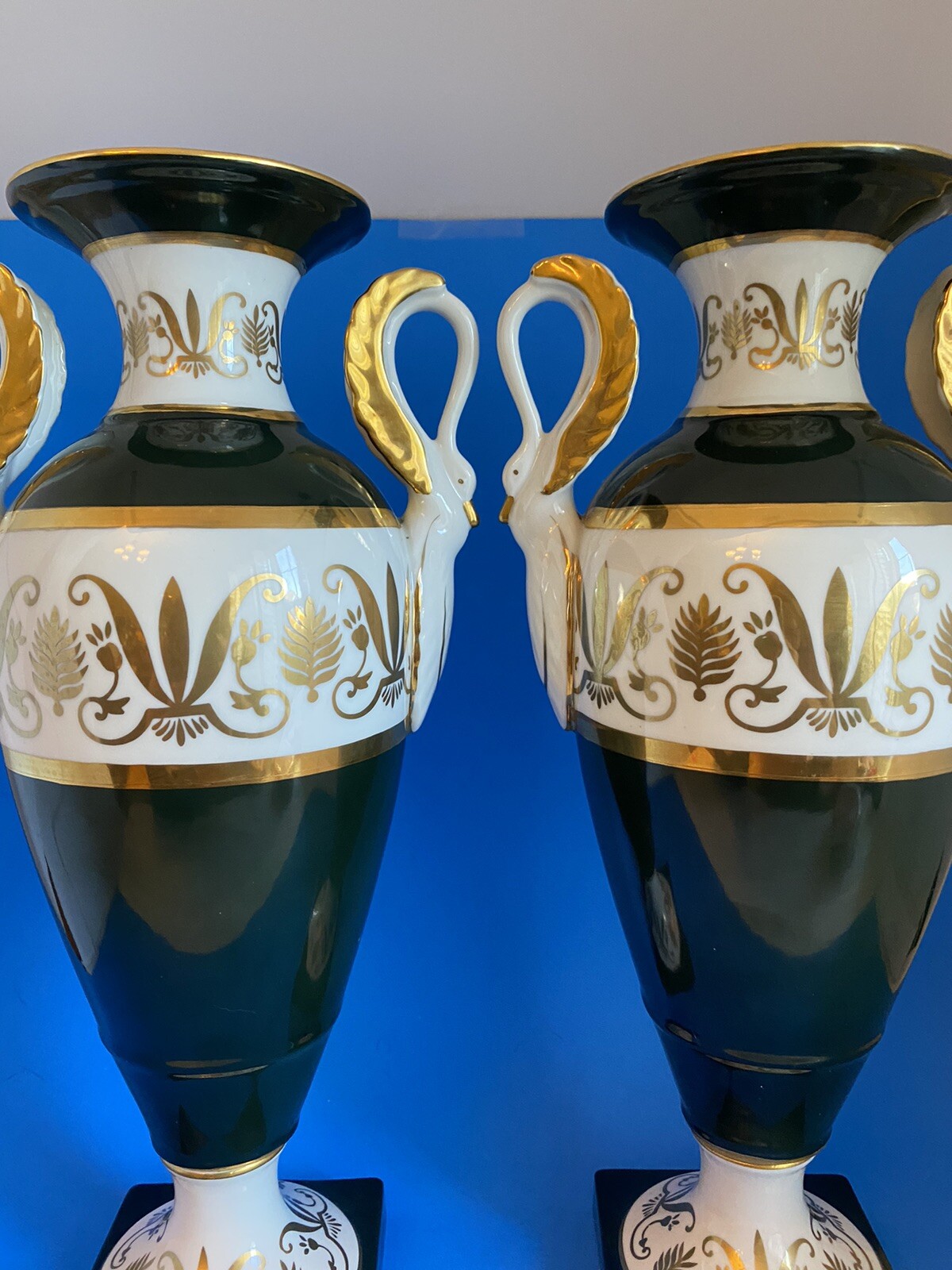 Andrea By Sadek Pair Of Tall Vase Green White Gold Swan Handles 14.5” H 7” Wide