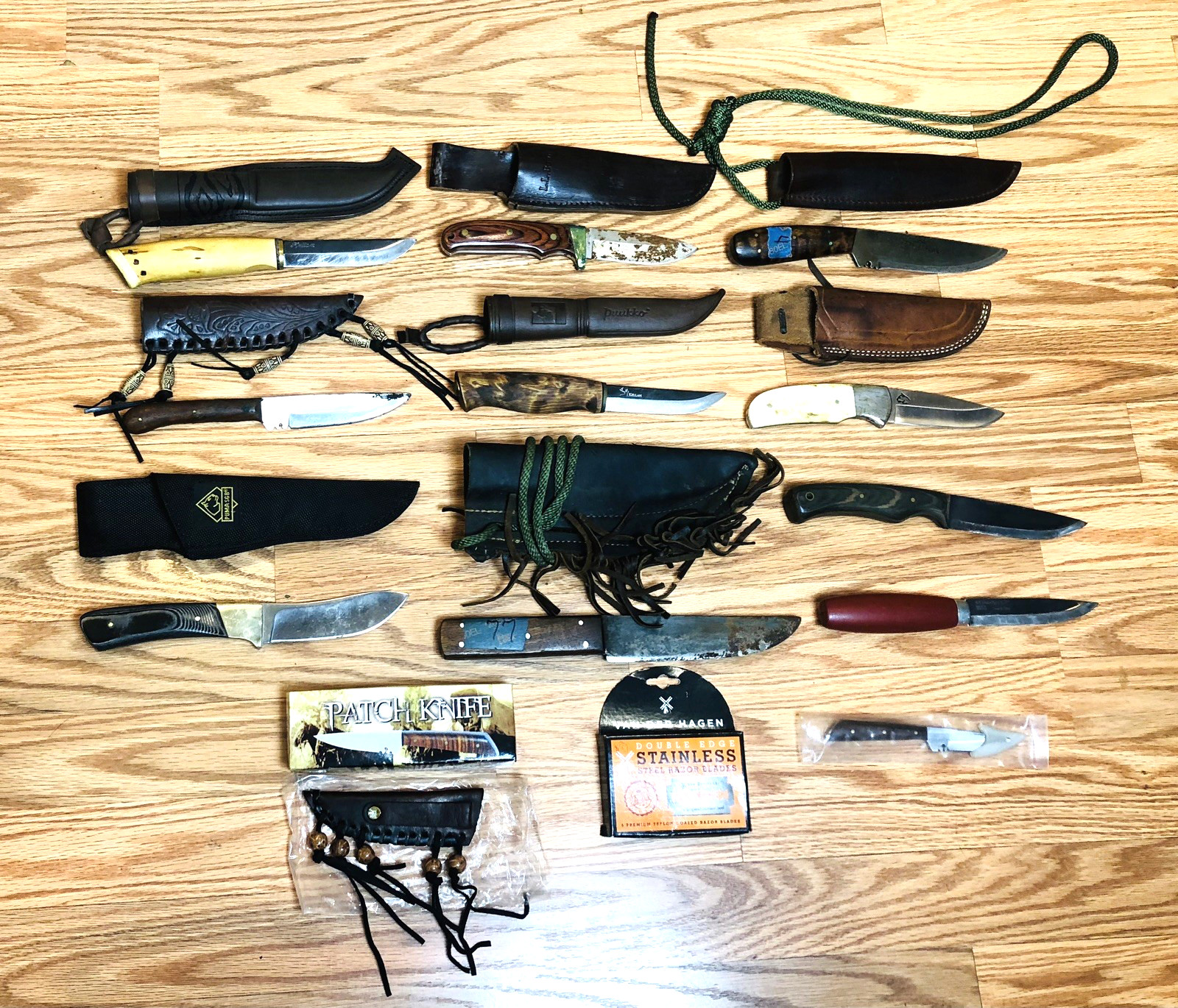 Lot 13 Mixed Knives SGB Kellam Morakniv Sheffield LL Bean Sheaths Hunting Knife