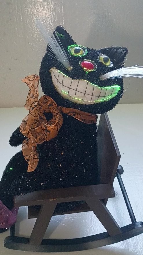 Vintage Fiber Optic Halloween Black Cat Wood Chair Battery Operated Works READ