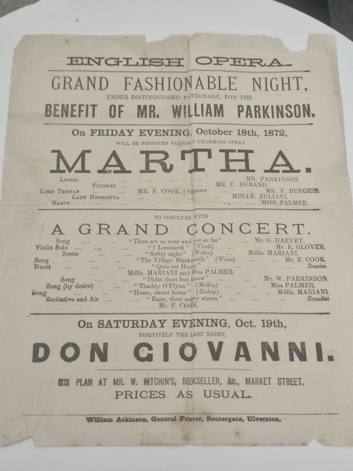 ORIGINAL 1872 VICTORIAN THEATRE PLAYBILL, ULVERSTON, THEATRE ROYAL DON GIOVANNI ORIGINAL 1872 VICTORIAN THEATRE PLAYBILL, ULVERSTON, THEATRE ROYAL DON GIOVANNI