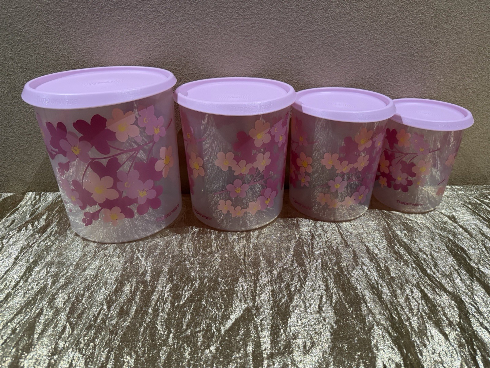 Tupperware Beautiful Clear See-Thru New Set Of 4 Canisters Pink Blossom Flowers