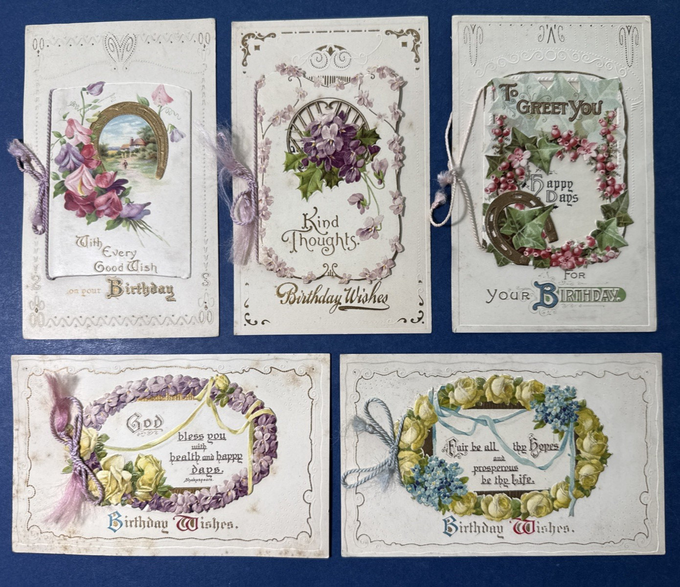 SET 5 Birthday Antique Postcards. EMB, Gold. Scenes, Flowers. BOOKLETS.  Nice